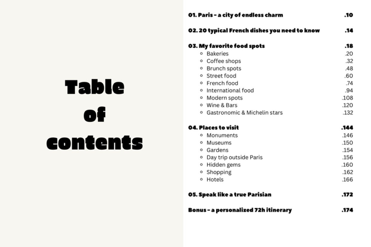 ellevousguide’s paris travel guide table of contents
